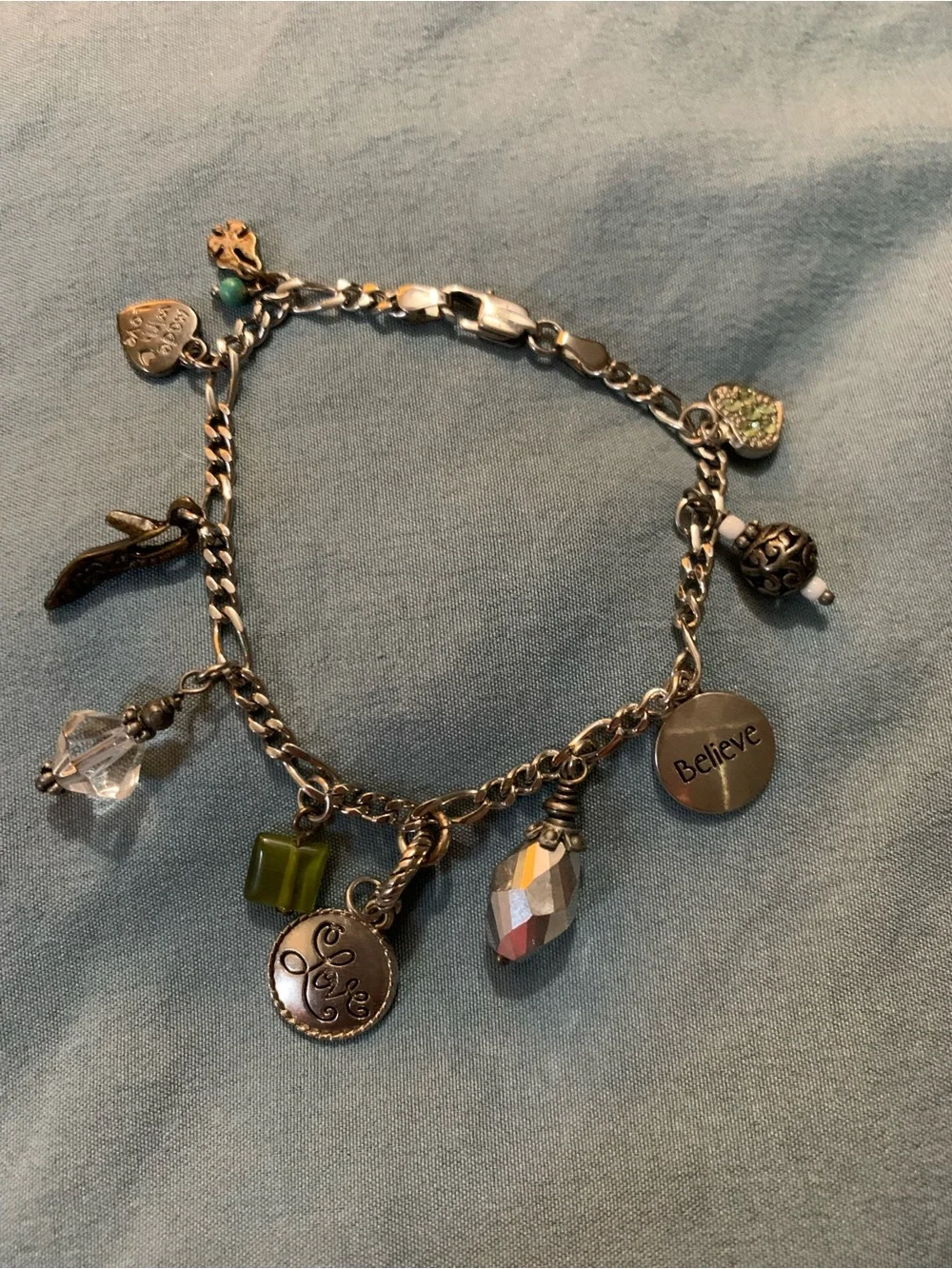 Vintage Brighton Silver-Tone Charm Bracelet with Green and Clear Crystal Accents